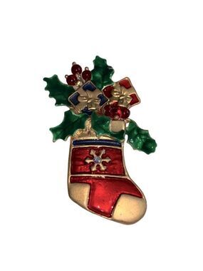 CHRISTMAS Brooch Pin - Gold Tone Red & Green Enameled Stocking